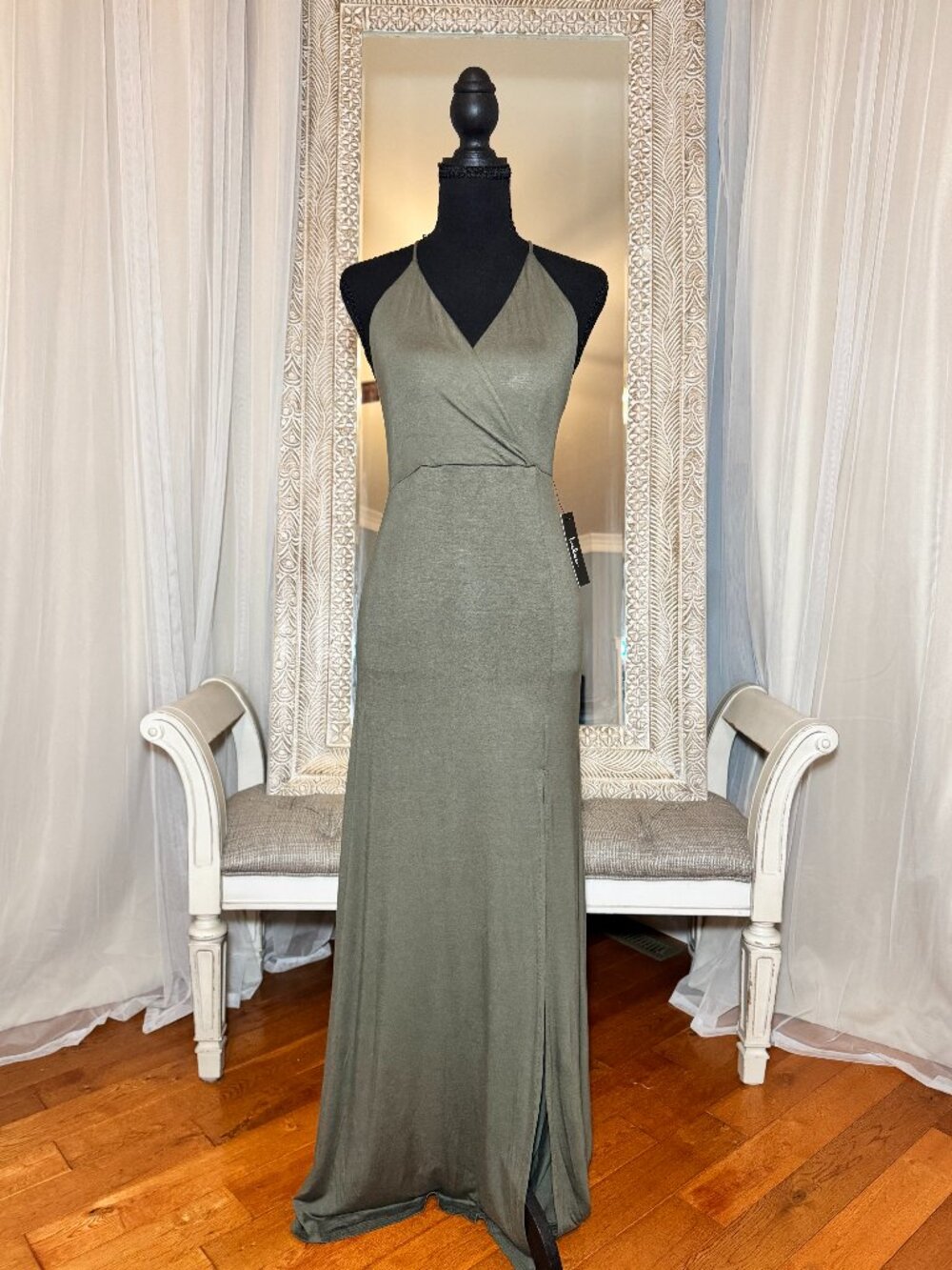 Lulus Olive Green Halter Open Back Maxi Dress S NWT